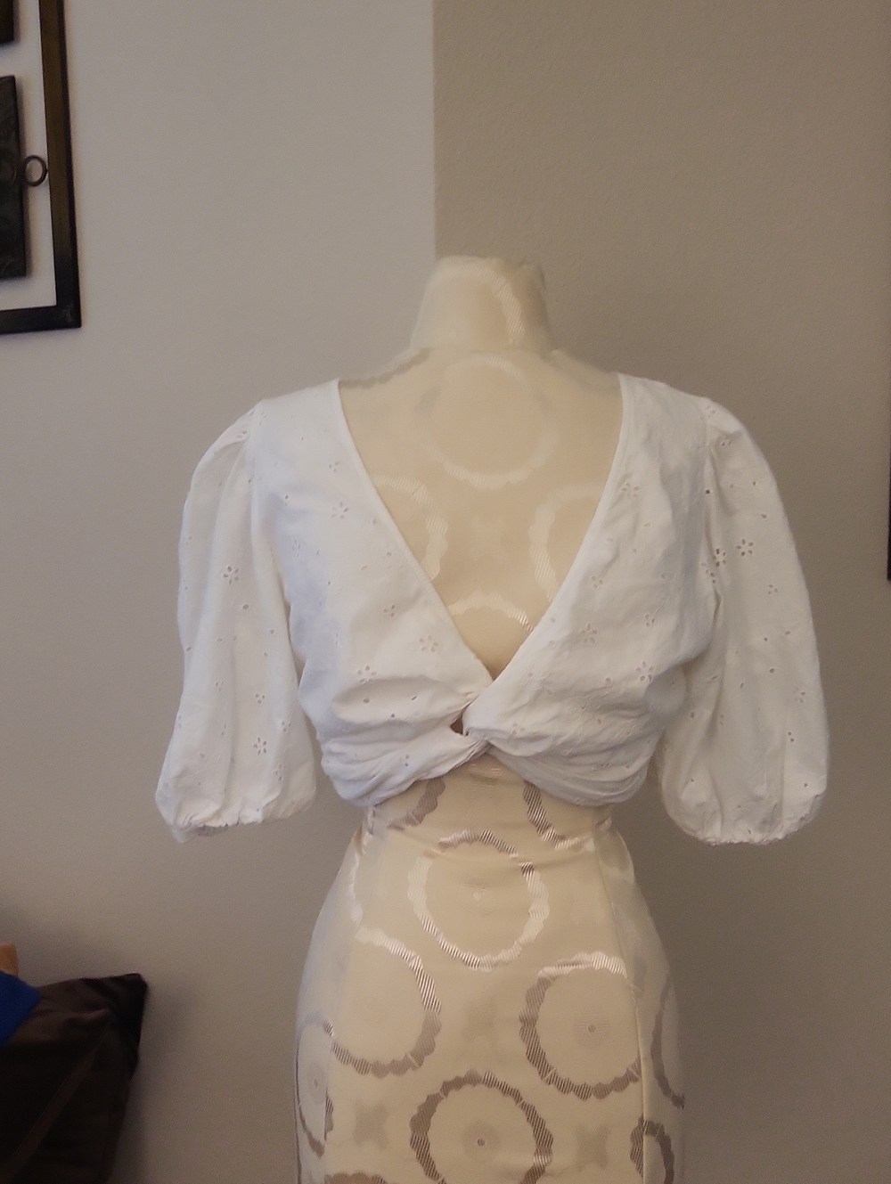 Zara White Eyelet Twist-Knot Puff Sleeve Top
